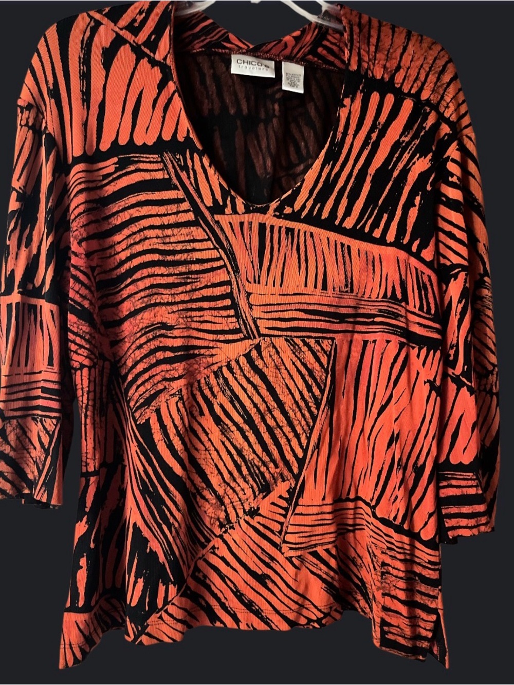 Chico's Orange & Black Abstract V-Neck Tunic